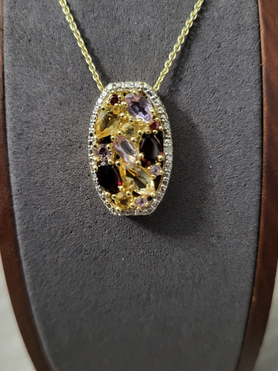 Jewelry - Goldtone MultiGemstone Oval Pendant Necklace - Genuine Garnet, Citrine, Amethyst